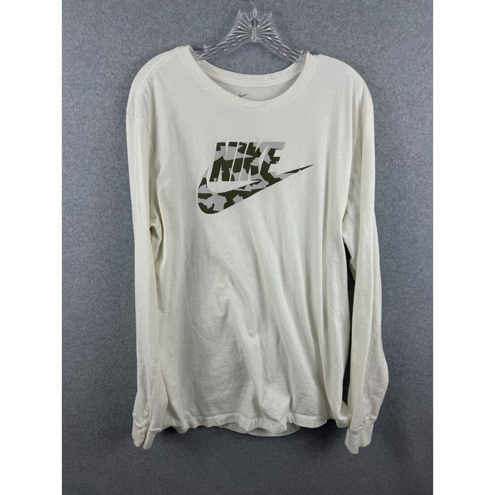 Nike Camo Logo Shirt Men's‎ XL White Long Sleeve Crew Neck Workout Running STAIN
